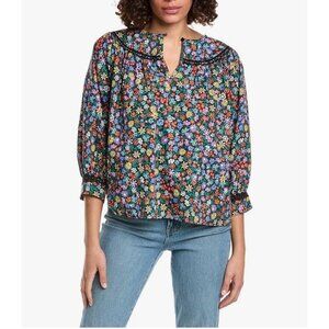 Johnny Was Risa poplin floral blouse, black/multi color , Size L